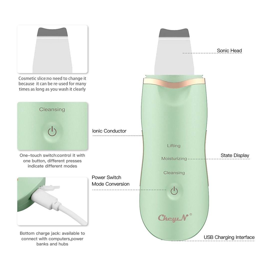 CkeyiN Ultrasonic Skin Scrubber Facial Spatula Deap Cleaning Skin Peeling Face Cleaner RF EMS LED Beauty Device Mini Nano mister