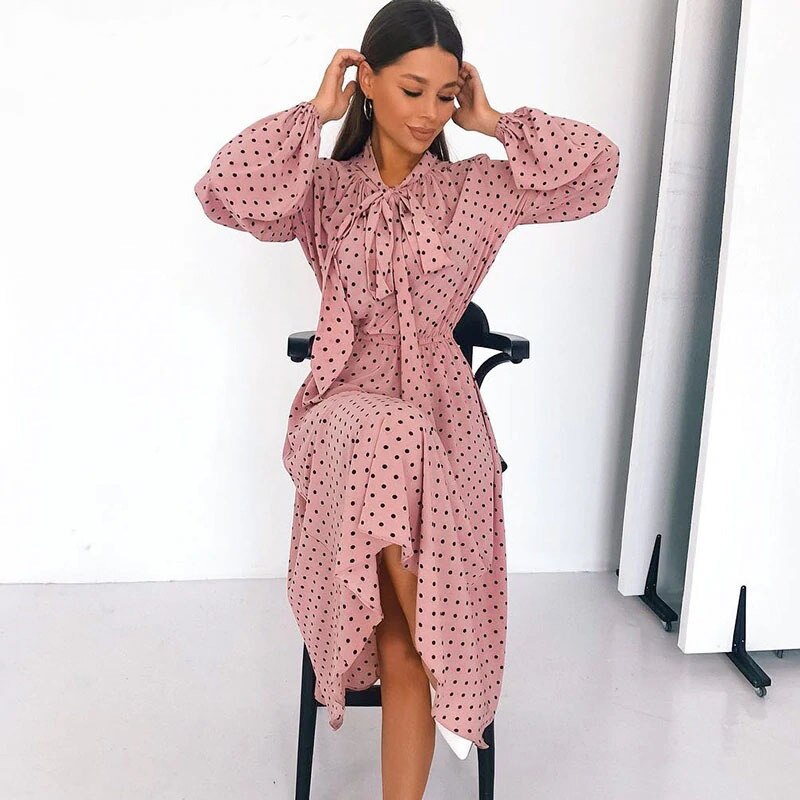 Polka Dot Women's Midi Dress in Black and Pink 