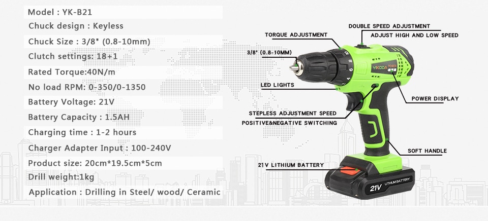 21V Two-Speed Cordless Electric Drill & Screwdriver with Rechargeable Lithium-Ion Battery